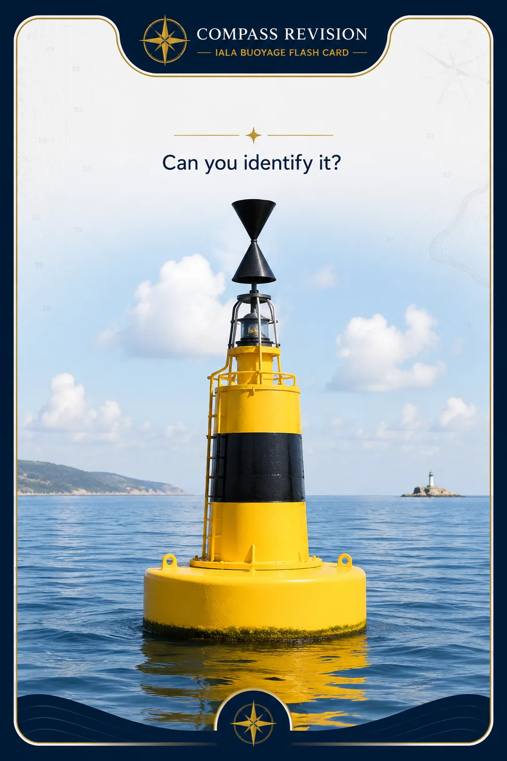 West cardinal buoy with yellow-black-yellow horizontal bands and two black cone topmarks pointing towards each other.