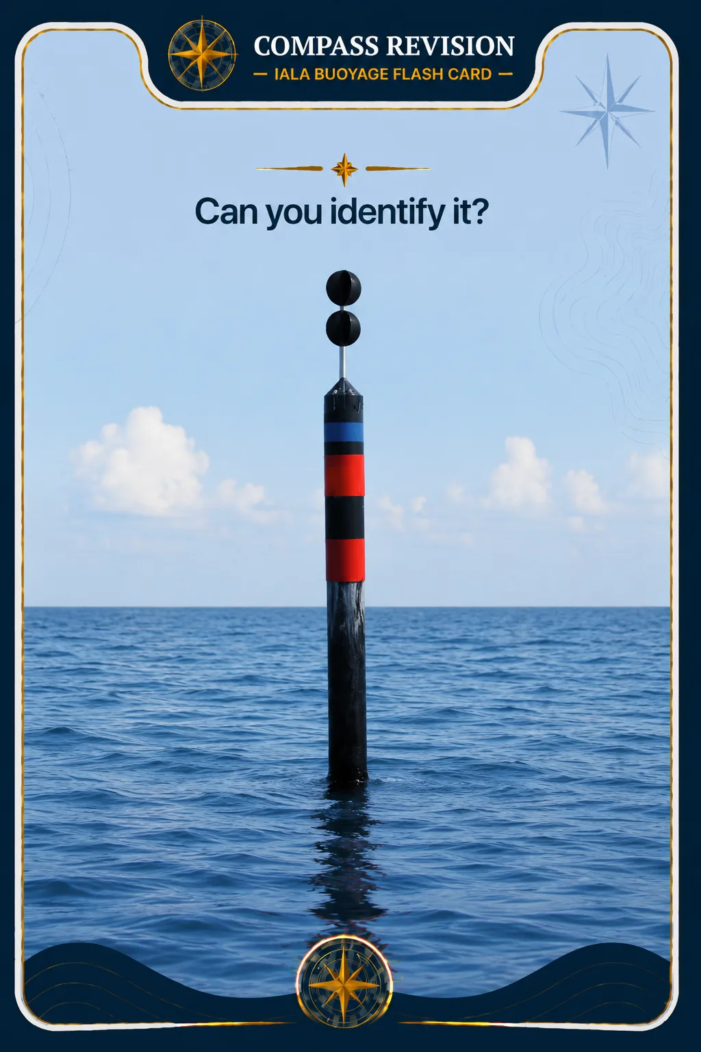 Isolated danger buoy with a black body, broad red horizontal band and two black sphere topmarks.