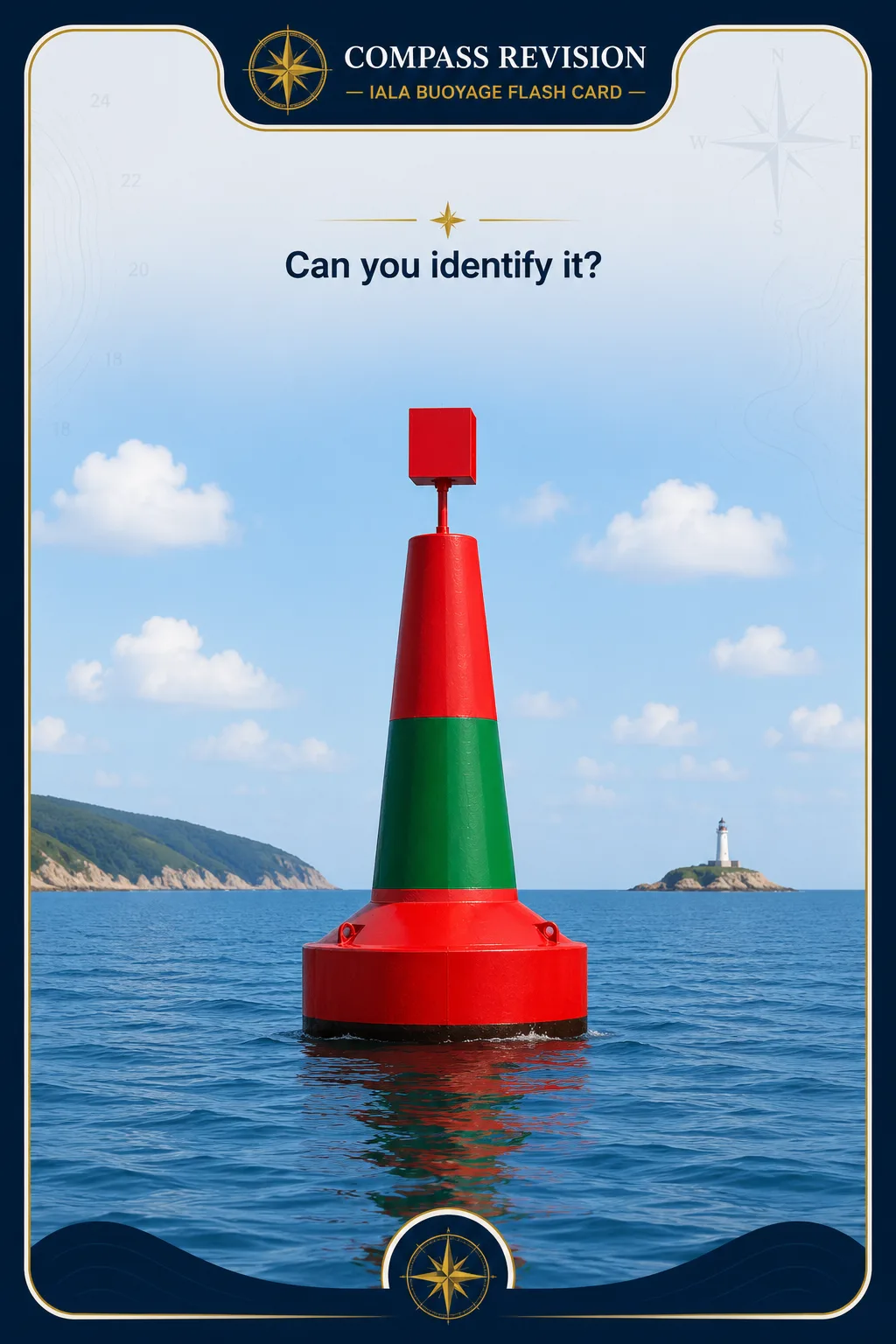 Region A preferred-channel-to-starboard buoy with a mainly red body, one broad green horizontal band and a red can topmark.